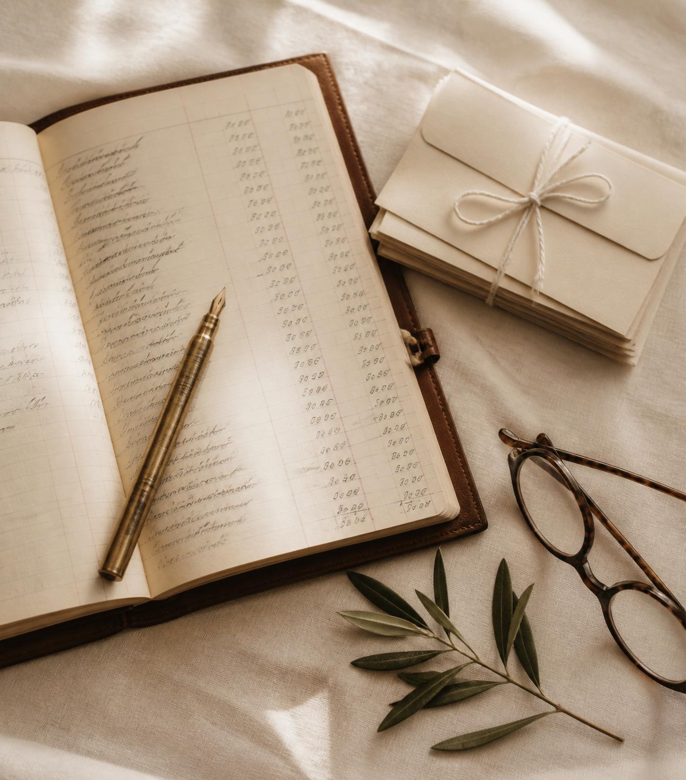 A brass tray with folded linen and an olive branch